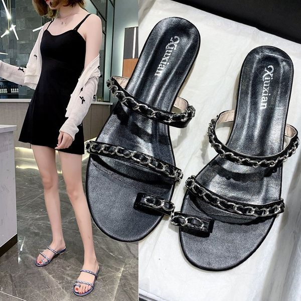 

2020 summer new fashion chain word with toe sandals low-heeled beach half slippers tide wild fairy wind wear sandals z900, Black