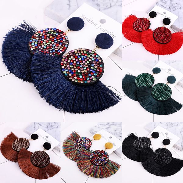 

2019 tassel women's earrings bohemian statement luxury long earring african colorful handmade geometric fringe big rhinestone, Silver