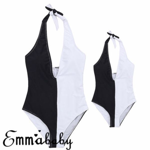 

mather and daughter swimwear family matching beach one piece swimsuit padded patchwork bathing suit beach halter swimming cloth