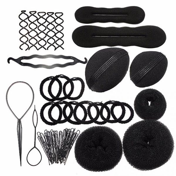 

women hair 9 in 1 pro hair bun clip maker pads hairpins roller braid twist sponge styling accessories tools kit set wig, Brown