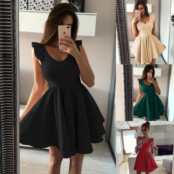 

2020 летнее платье женщины elegant рукавов v шеи платье платье женский твердая mini party a line женские платья, Black;gray