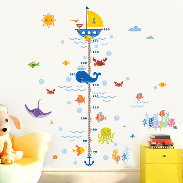 Adesivo da parete con grafico di crescita dell'altezza della scuola materna Bambini Ragazzi Ragazze Underwater Sea Fish Anchor Alla ricerca di Nemo Poster decorativo con decalcomania