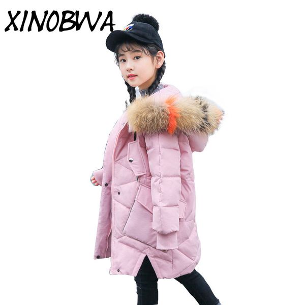 

children's down jacket 2018 new winter thick warm withe duck down long coats jackets girl's loose big natural collar parkas hot, Blue;gray