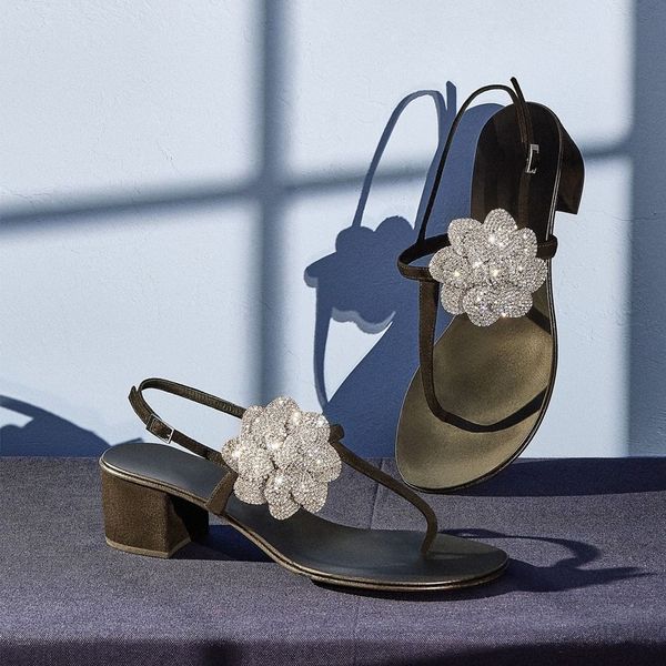 

2020 new summer flower diamond heels shoes women sandals runway round clip toe ladies beach party pumps shoes, Black