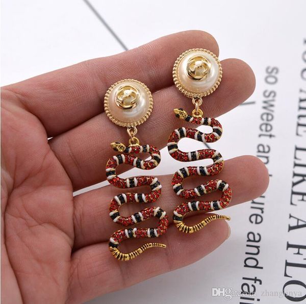 

3018 new european and american style fashion catwalk big pearl color flower snake long earrings earrings earrings a85, Golden;silver