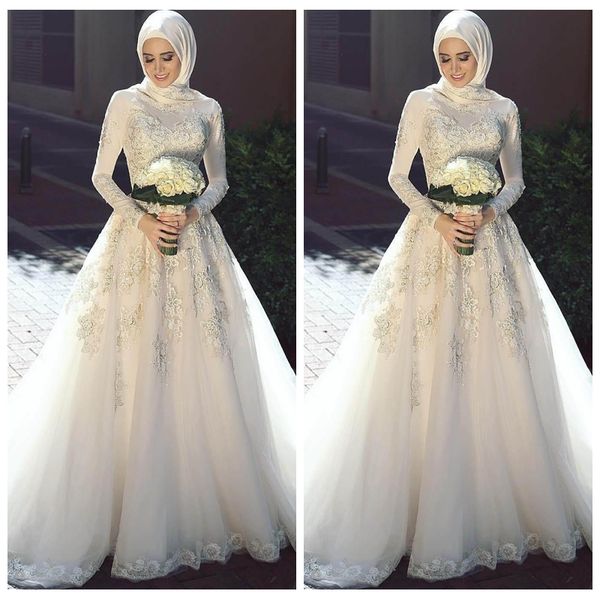 

2019 new custom made high neck long sleeve muslim wedding dresses unique design a-line lace appliques elegant bridal wedding gowns, White