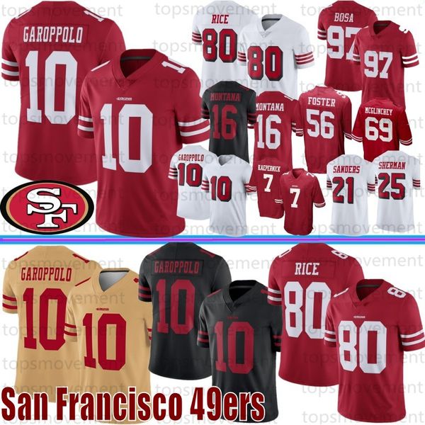 

10 jimmy garoppolo san francisco men jerseys 85 george kittle 80 jerry rice 7 colin kaepernick mcglinchey 49er 16 joe montana 97 bosa 2020, Black;red