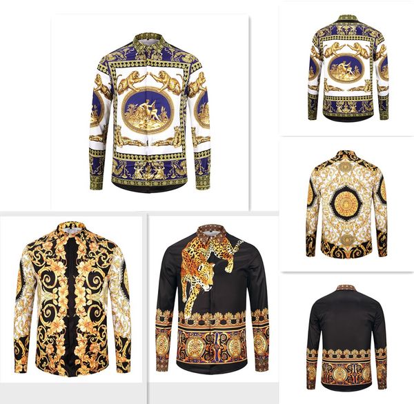 

2019 new men's silk sleeve shirt men's business casual shirt men's dress t-shirt long-sleeved medusa retro luxury shirt, White;black