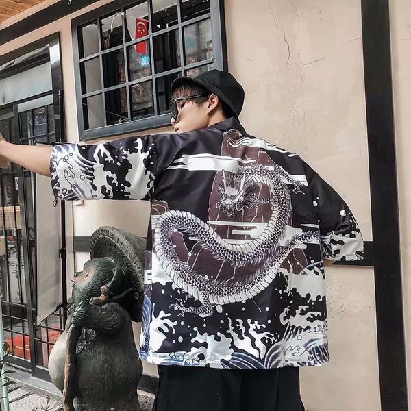 

summer men shirts 2019 new korean five-point sleeve dragon print shirt loose bf harajuku fashion casual shirts men, White;black