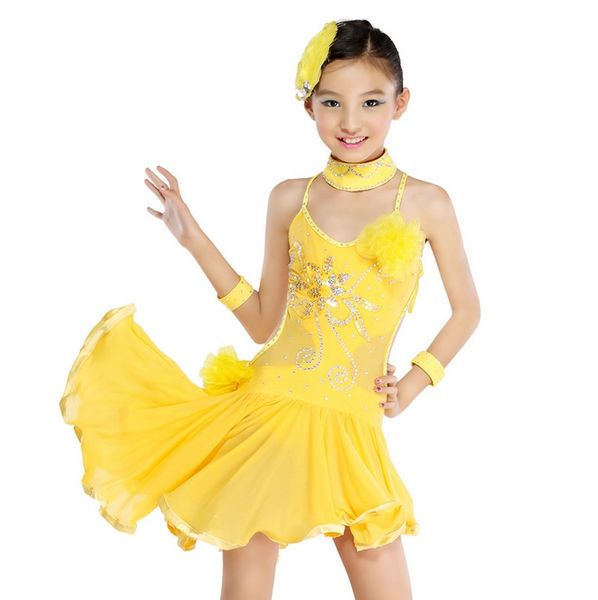 

2016 yellow/black girl standard competition latin dance dress kids asymmetrical salsa skirts 4-15y children diamond costume, Black;red