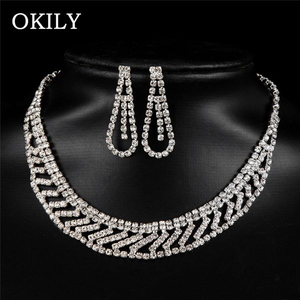 

gorgeous bridesmaid bridal jewelry sets for women rhinestone crystal silver necklace earrings sets prom wedding costume jewelry