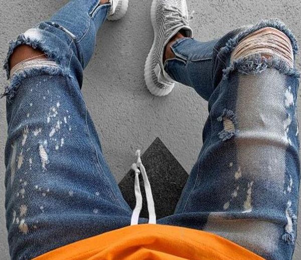 

fashion mens designer jeans casual slim fit holes ripper zipper designer pencil pants street style jeans, Blue