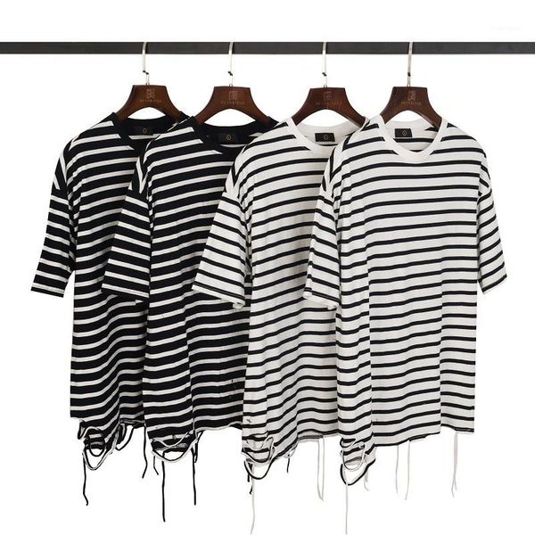 

mens oversized striped printed tshirt loose irregular hem short sleeve round neck male tees casual homme, White;black