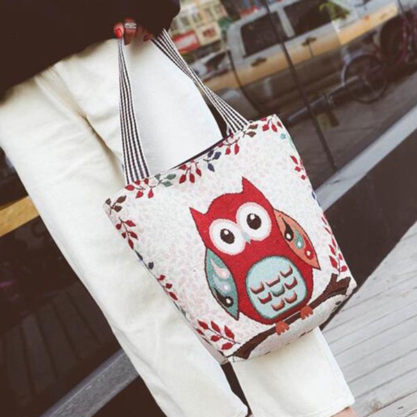 

vintage canvas shopping bag cute animal owl printed national wild portable shoulder bag eco friendly foldable reusable tote bags