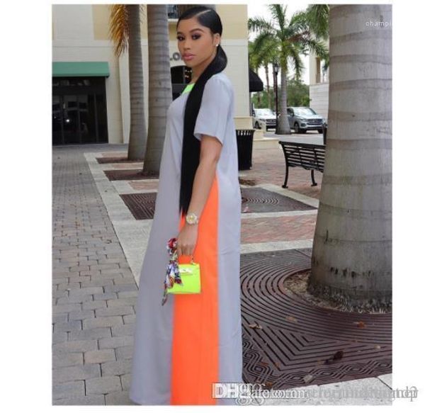 

panelled color print dresses crew neck short sleeve floor length female clothing fashion maxi casual apparel womens summer designer, Black;gray