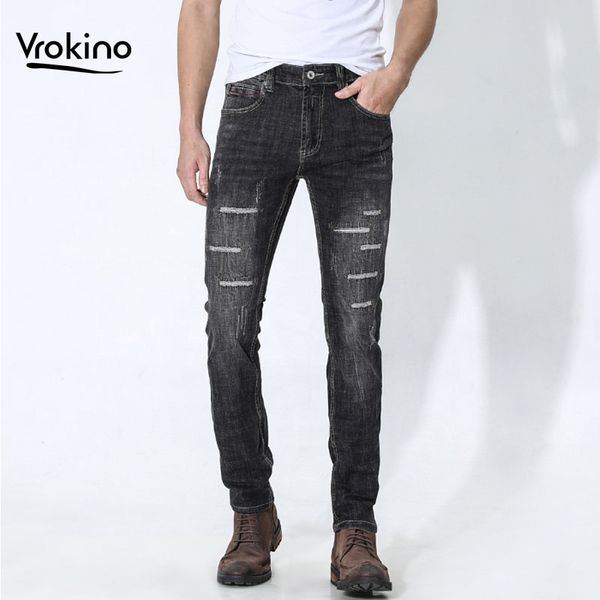 

new in 2019 design men's casual ripped jeans fashion vintage color men's slim stretch jeans, Blue