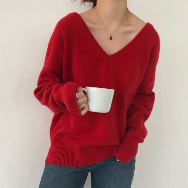

autumn winter knitted women's sweater new loose casual fashion korean style knitting ladies v-neck sweaters, White;black