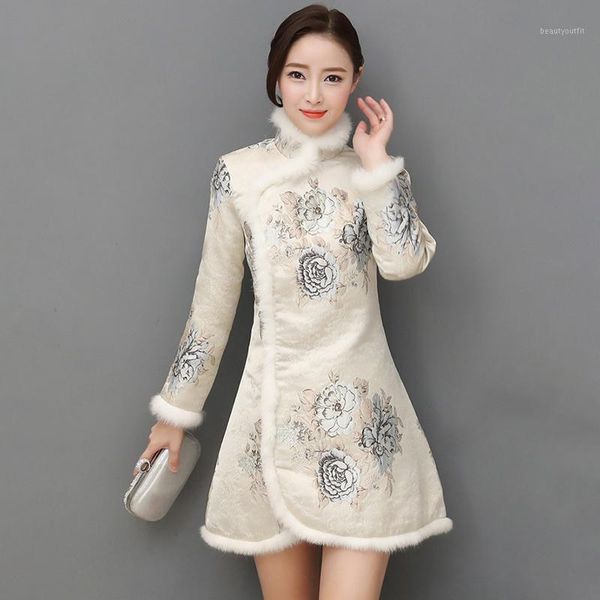 

chinese style cheongsam women temperament plush floral print dress chinese style qipao 2020 new1, Black;gray