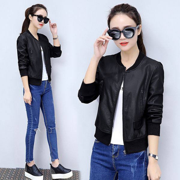 

loose woman autumn clothes korean spring small leather clothing short jacket, Black