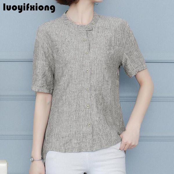 

vogue stand collar short sleeve cotton linen blouse women shirts casual striped women and blouses loose kimono blusas mujer, White