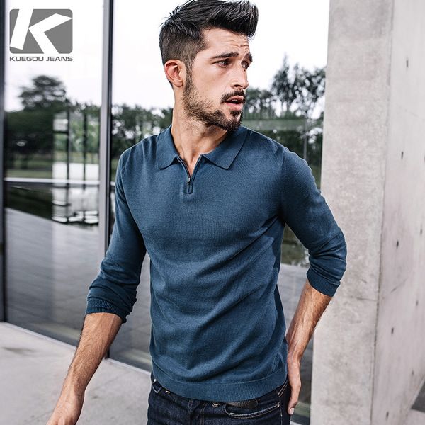 

kuegou new autumn mens sweaters 100% cotton blue black color knitted brand clothing for man's slim knitwear male pullovers 17003, White;black