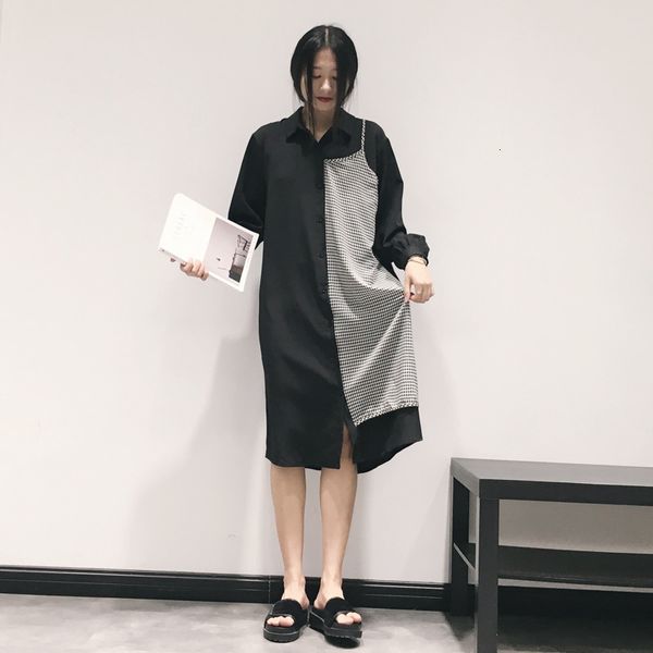 

lanmrem 2019 autumn new asymmetric design stitching plaid strap lapels long shirt loose chiffon shirt skirt women 19b-a14, White