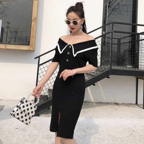 

2020 summer peter pan collar short sleeve madi dress ladies elegant contrast slim bag hip split dress evening party, Black;gray