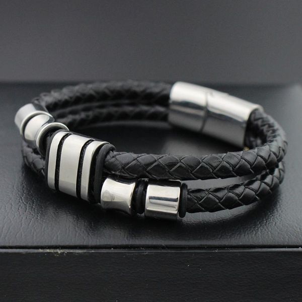 

double braided retro genuine leather bracelet stainless steel bead bracelets for men with magnet clasp, Golden;silver