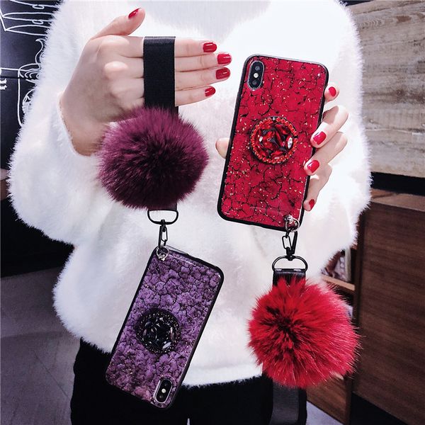 

new for iphone max xs 7 8 plus phone cases luxury shiny 3d diamond gemstone bracelet fashion fox fur ball matte cover case