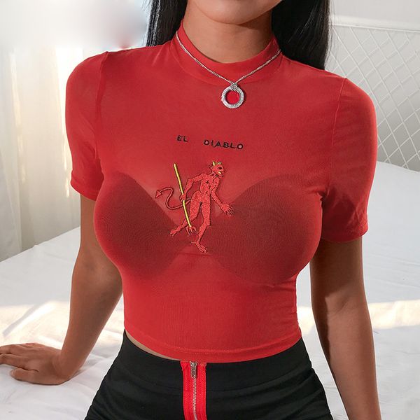 

women clothes women shirts red devil embroidery mesh tshirt women short sleeve turtleneck cute tee shirt transparent summer t shirt, White