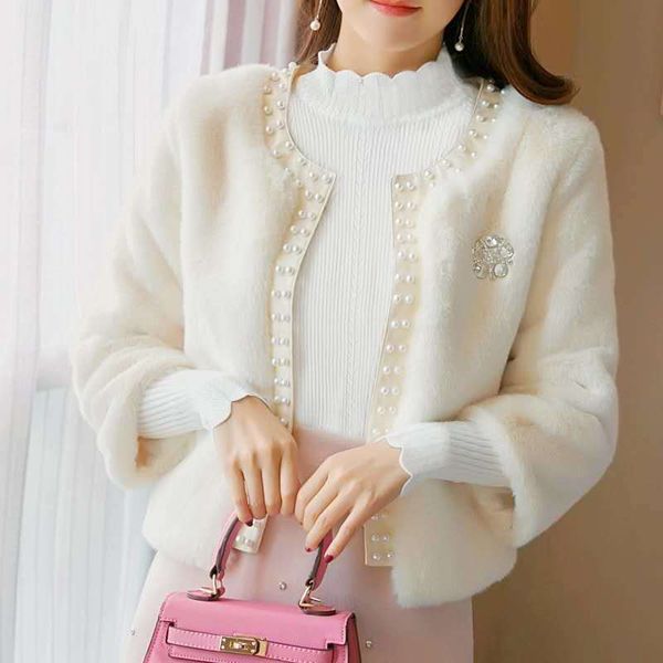 

2019 women short coat thick warm fur o-neck knitted pockets causal winter and autumn office lady, Black