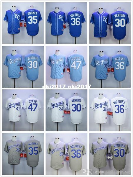 

30 yordano ventura 35 eric hosmer 36 edinson volquez retro jersey blue gray white, Blue;black