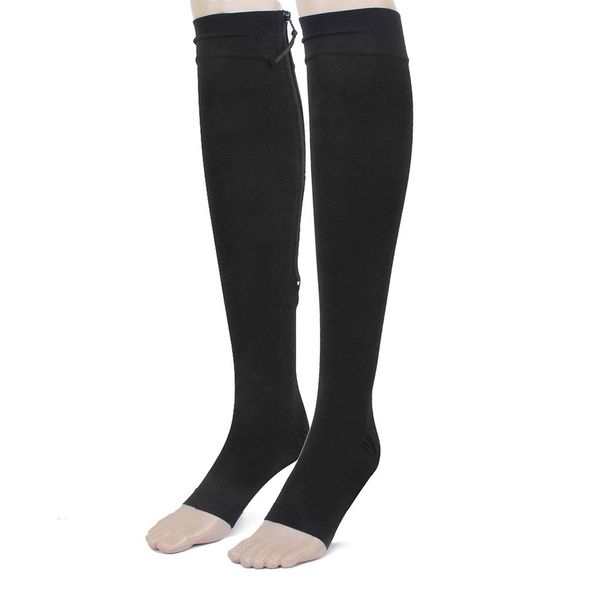 

pair of zippered open toe compression knee high socks stockings, Black