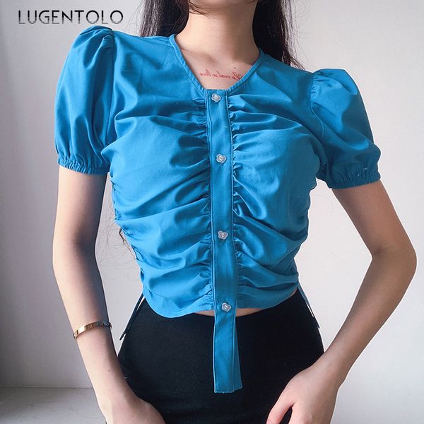 

lugntolo лето женщин футболка мода slim-fit v-образный вырез пузырь с коротким рукавом пряжка кардиган топы твердой синий женских футболок, White