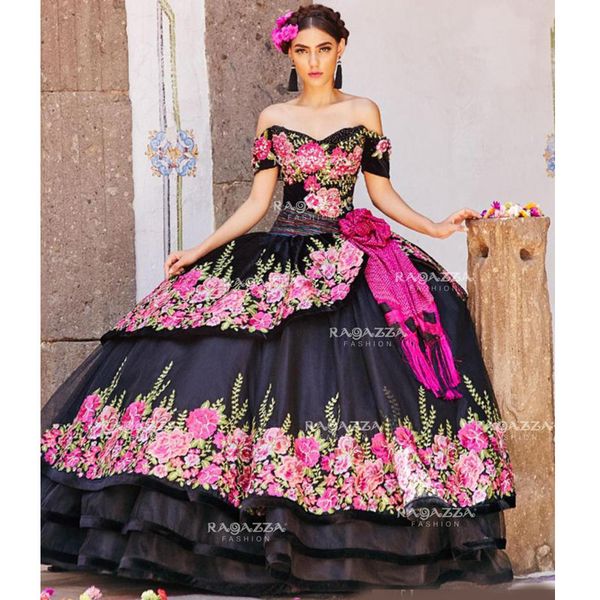 

black ball gown quinceanera dresses off the shoulder neck beaded tiered sweet 16 dress sweep train organza flower appliqued masquerade gowns, Blue;red