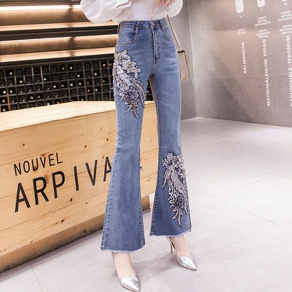 

fashion denim flare pants women retro ripped jeans wide leg trousers lady casual bell-bottom female pants plus size ladies denim, Blue