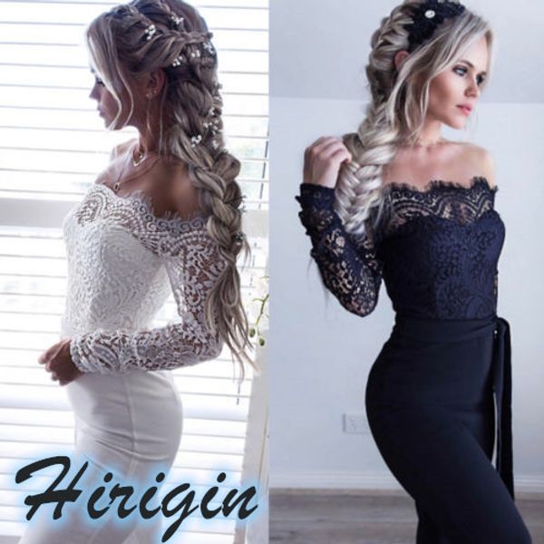 

summer jumpsuits womens solid lace off shoulder slash neck jumpsuit slim high waist straight long pants, Black;white