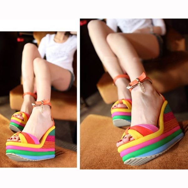 

women's summer shoes fashion ladies wedges high multicolor patchworkÂ sandals peep toeÂ romanÂ shoes sandals on the platform, Black