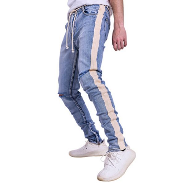 

2019 new men zipper jeans hip hop trousers open chain slim fit stripes men's hole jeans drawstring men's pants clothing, Black
