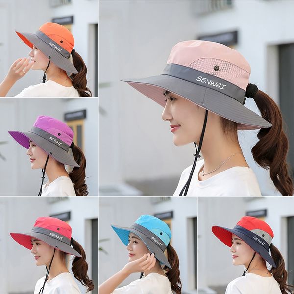 

bucket hat wide brim quick drying breathable packable foldable sunshade sun ponytail cap with chin strap, Black;white
