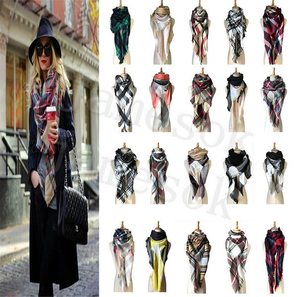 

40 colors women plaid scarves grid tassel wrap oversized check shawl winter neckerchief lattice triangle blanket scarf da104, Blue;gray