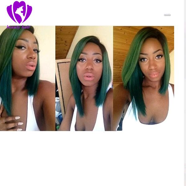 

elling heat resistant synthetic lace front wig short silky straight bob hair style ombre two tone green wigs for black women, Black;brown