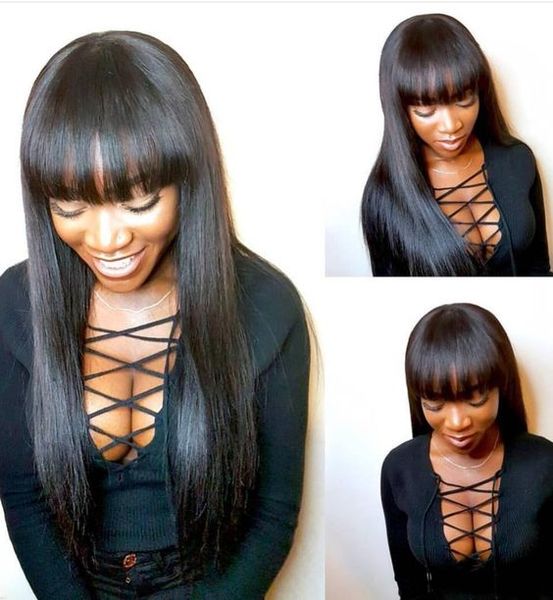 

kun human hair lace wigs 360 lace wig brazilian human hair yaki straight with full bangs 150% density natural color for women, Black;brown