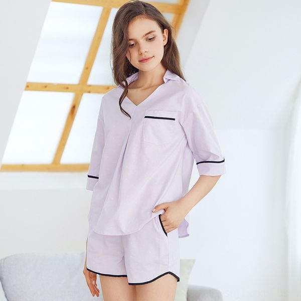 

two-piece suit women's short-sleeved v-neck pure home pajamas pajamas cotton sweet fresh home clothes women's summer thin style, Blue;red