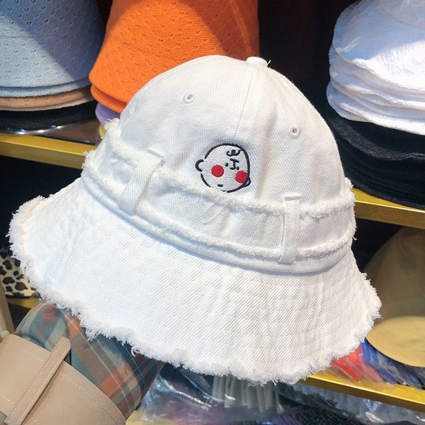 

7hhhr cartoon bucket bucket embroidered fisherman smiling face embroidery woolen fisherman children's summer sun hat student leisure al, Blue;gray