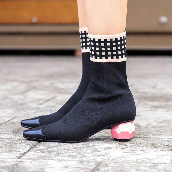

black elastic fabric women sock boots pointed toe short botines mujer apricot chunky high heels booties women botas femmes