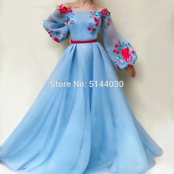 

elegant long sky blue prom dress with long sleeves boat neck tulle embroidery appliques a-line formal party gowns evening dress, White;black