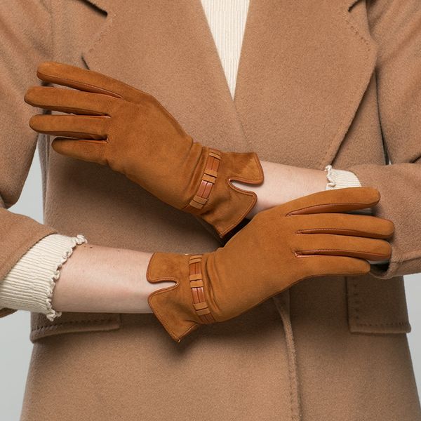 

real leather gloves female plus velvet keep warm suede matte leather woman' goatskin gloves for driving k96, Blue;gray