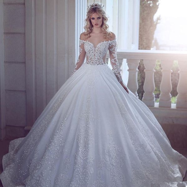 

2020 new luxury a line wedding dresses illusion off shoulder lace appliques crystal beaded long sleeves sweep train plus size bridal gowns, White