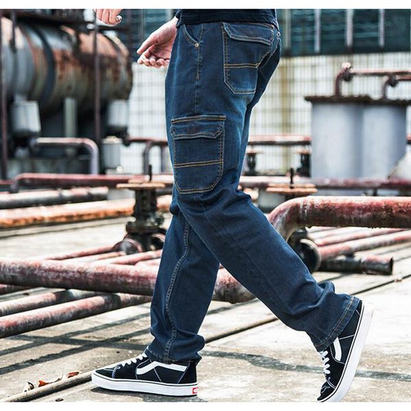 

new multi-pocket straight jeans men's long jeans outdoor casual overalls men cargo pants plus size 28-46 48, Blue